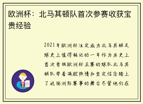 欧洲杯：北马其顿队首次参赛收获宝贵经验